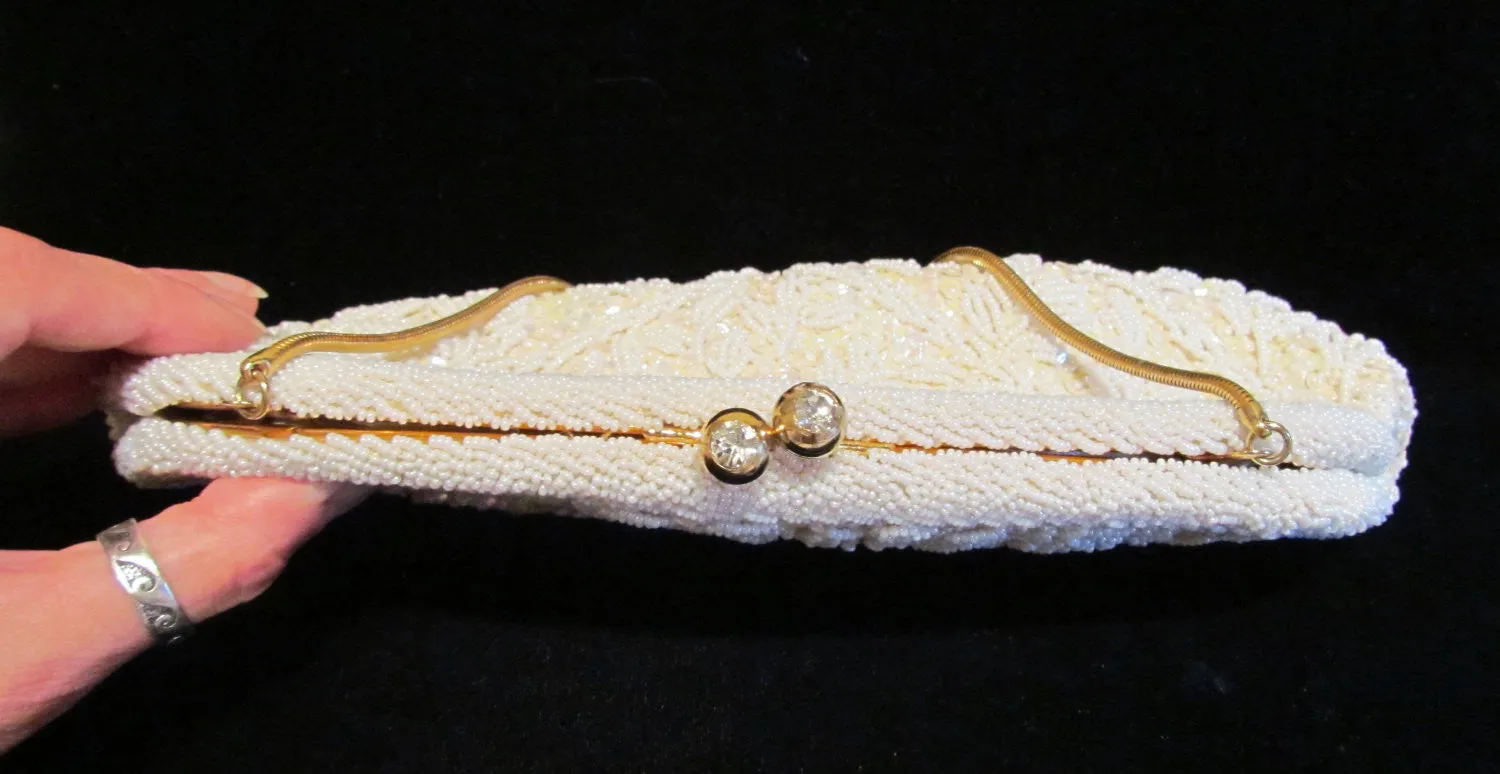 1940s White Beaded Purse Vintage Clutch Purse Sequins Rhinestone With Matching Eye Glass Case Mint Unused