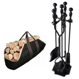 Amagabeli Large Canvas Firewood Carrier Log Tote Bundle 5 Pcs Fireplace Tools Sets Black Handle