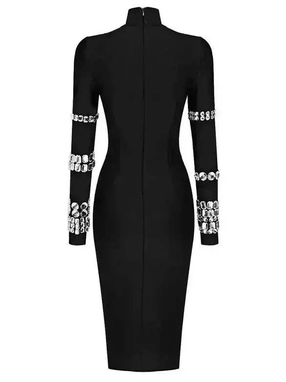 Black Calf-Length Stretchy Dress with Rhinestones