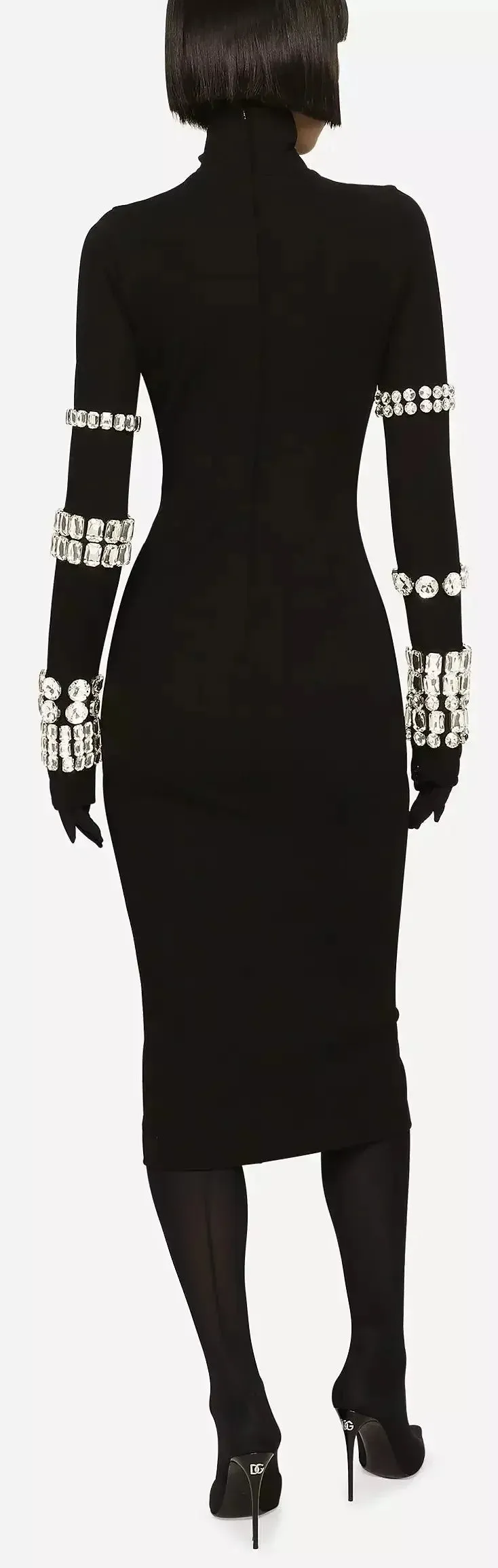 Black Calf-Length Stretchy Dress with Rhinestones