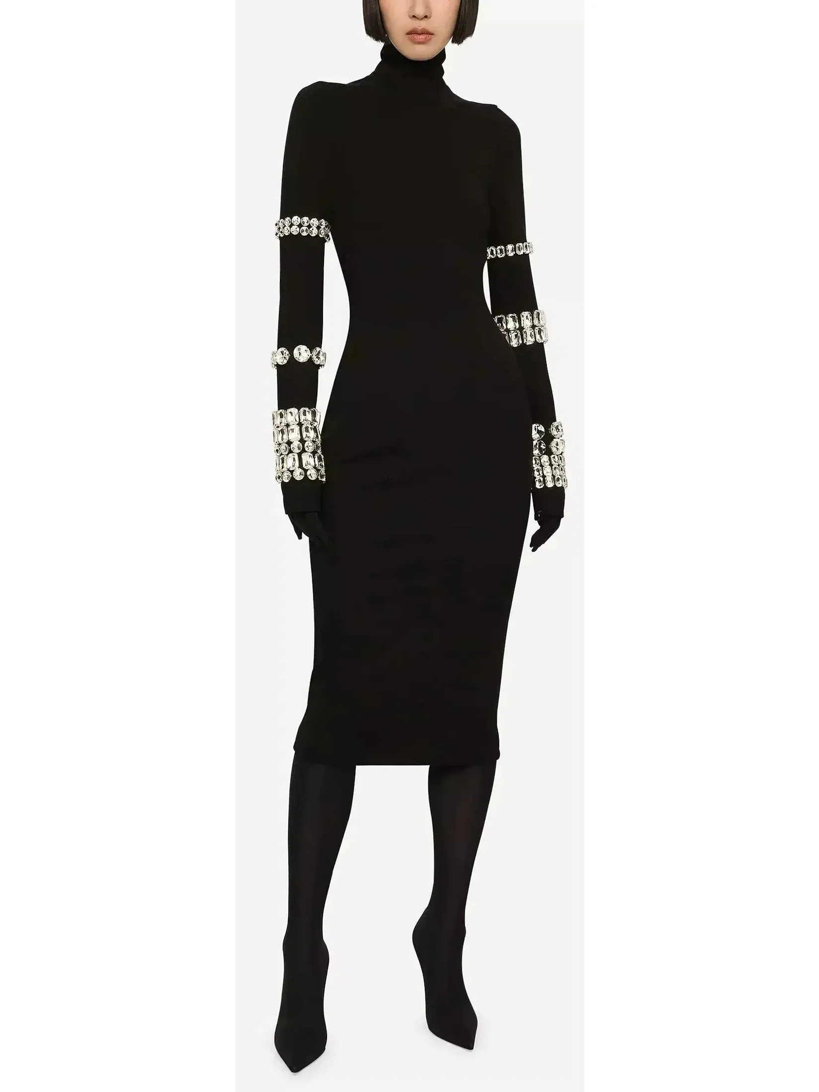 Black Calf-Length Stretchy Dress with Rhinestones