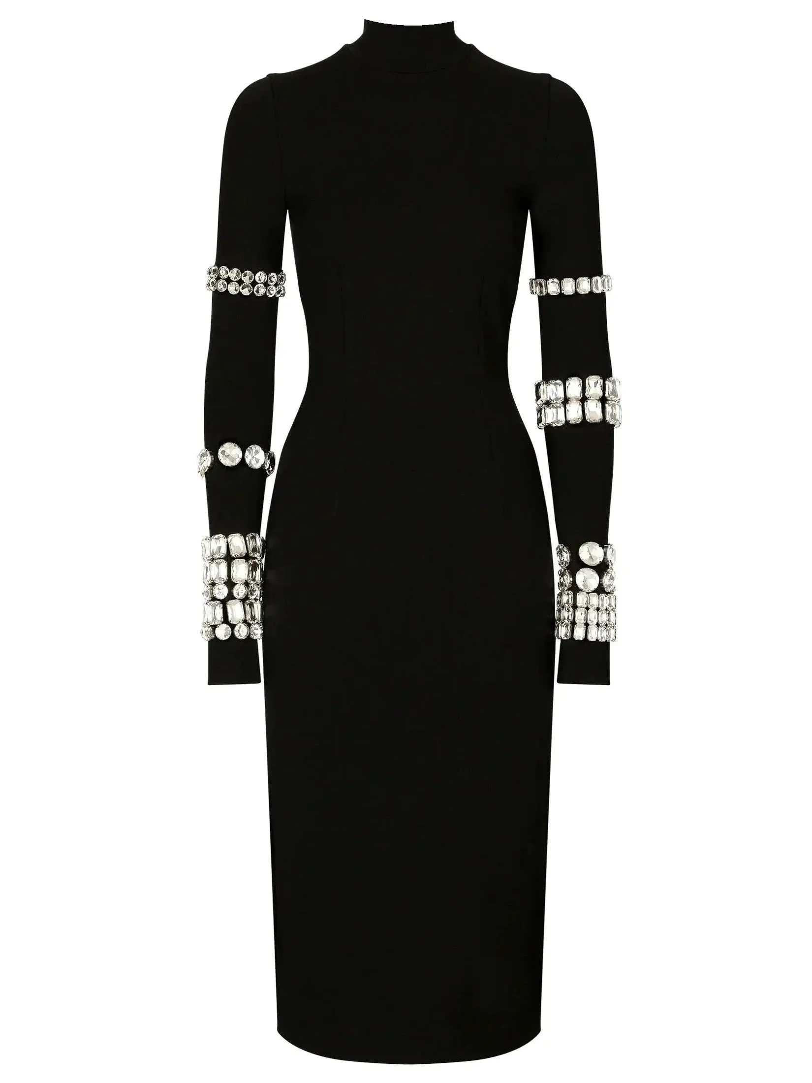 Black Calf-Length Stretchy Dress with Rhinestones