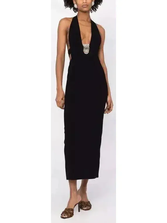 Black Crystal-Embellished Halterneck Dress