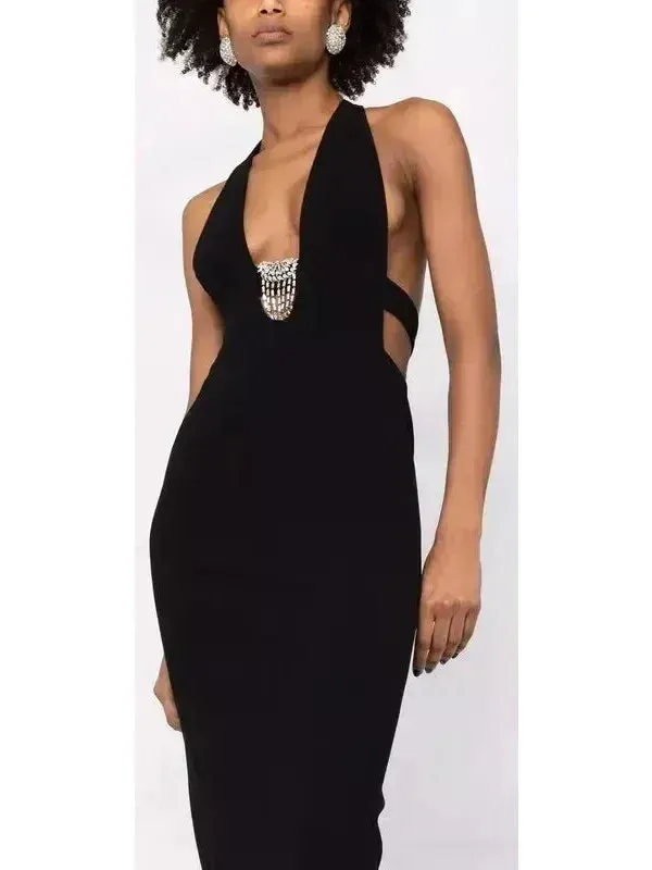 Black Crystal-Embellished Halterneck Dress