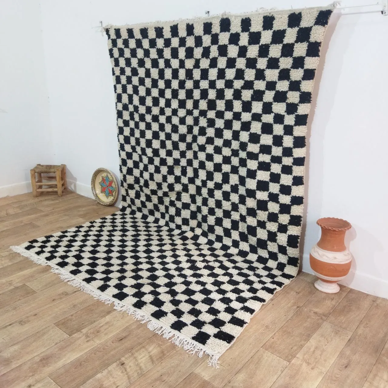 Black Handmade Rug, White and Black Checkered Rug - Berber style wool rug from Morocco - Modern rug