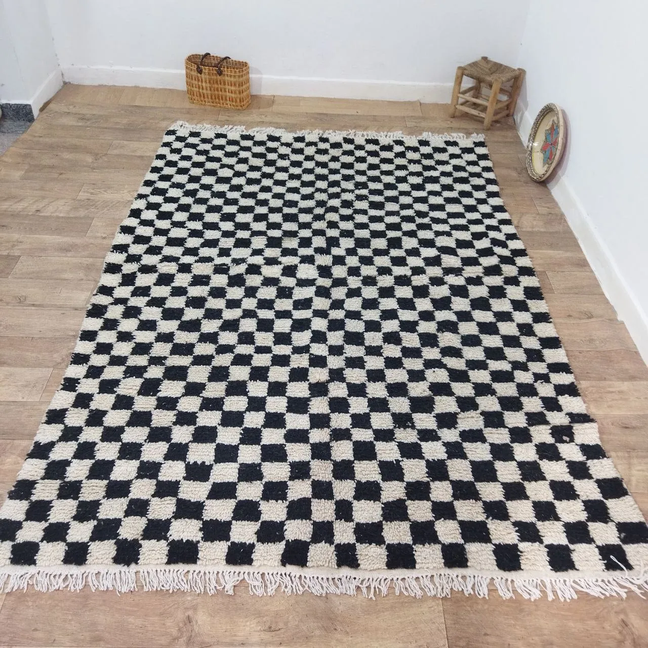 Black Handmade Rug, White and Black Checkered Rug - Berber style wool rug from Morocco - Modern rug