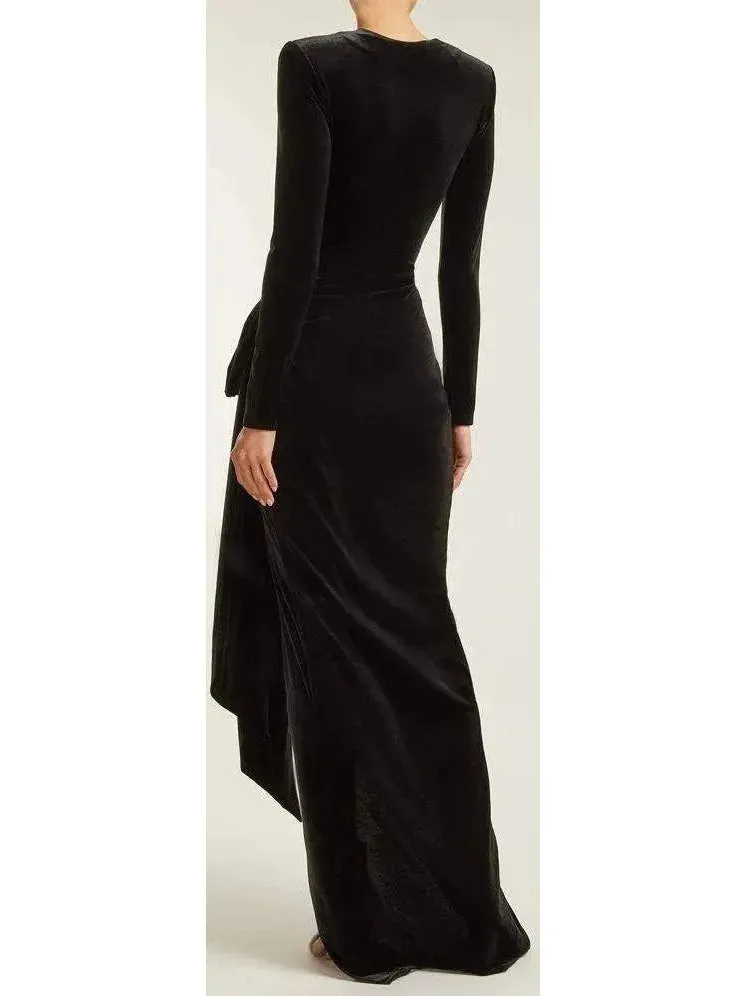 Black Long Ruched Asymmetrical Velvet Gown