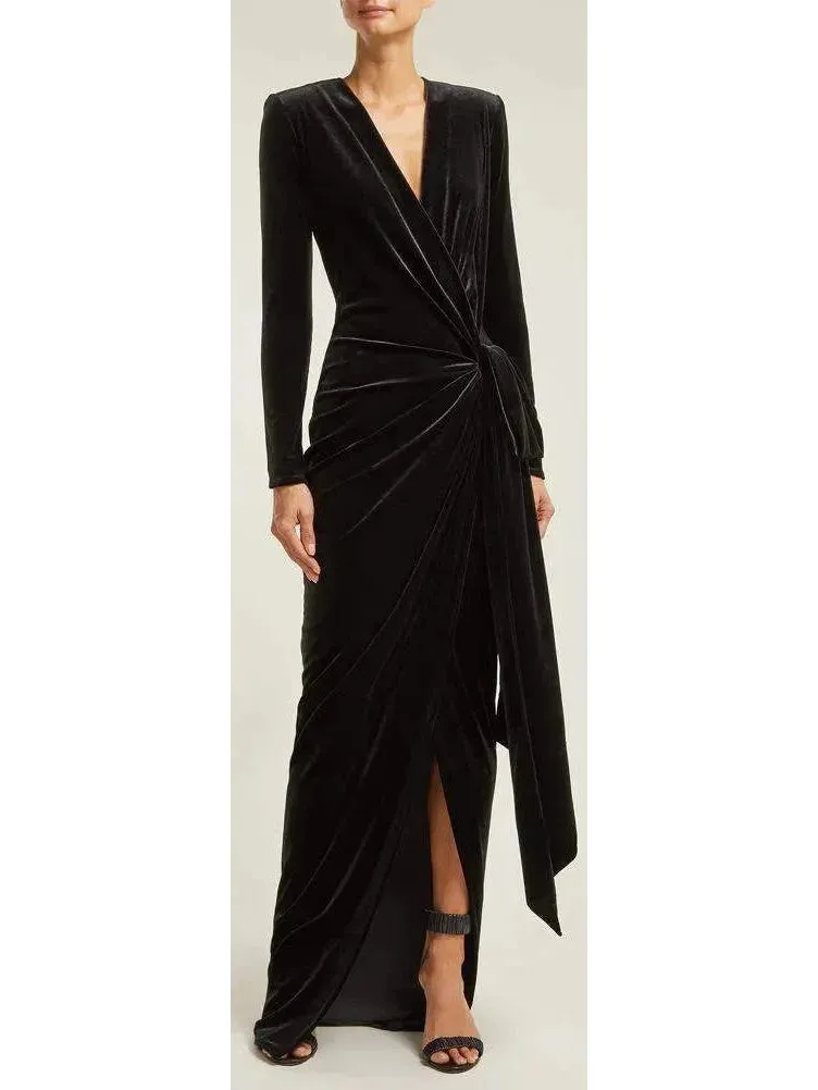 Black Long Ruched Asymmetrical Velvet Gown