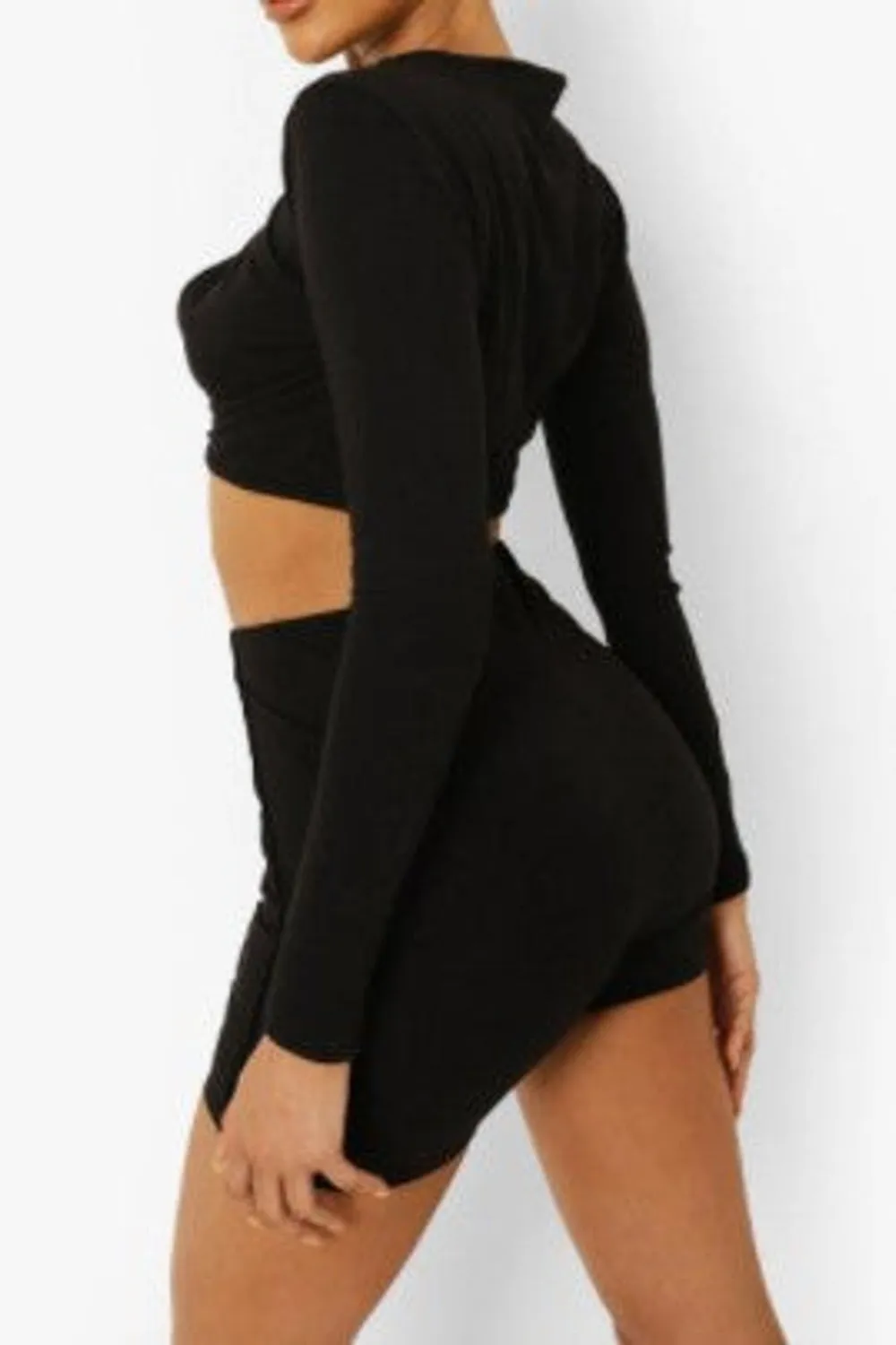 Black Long Sleeve Twist Front Crop Top