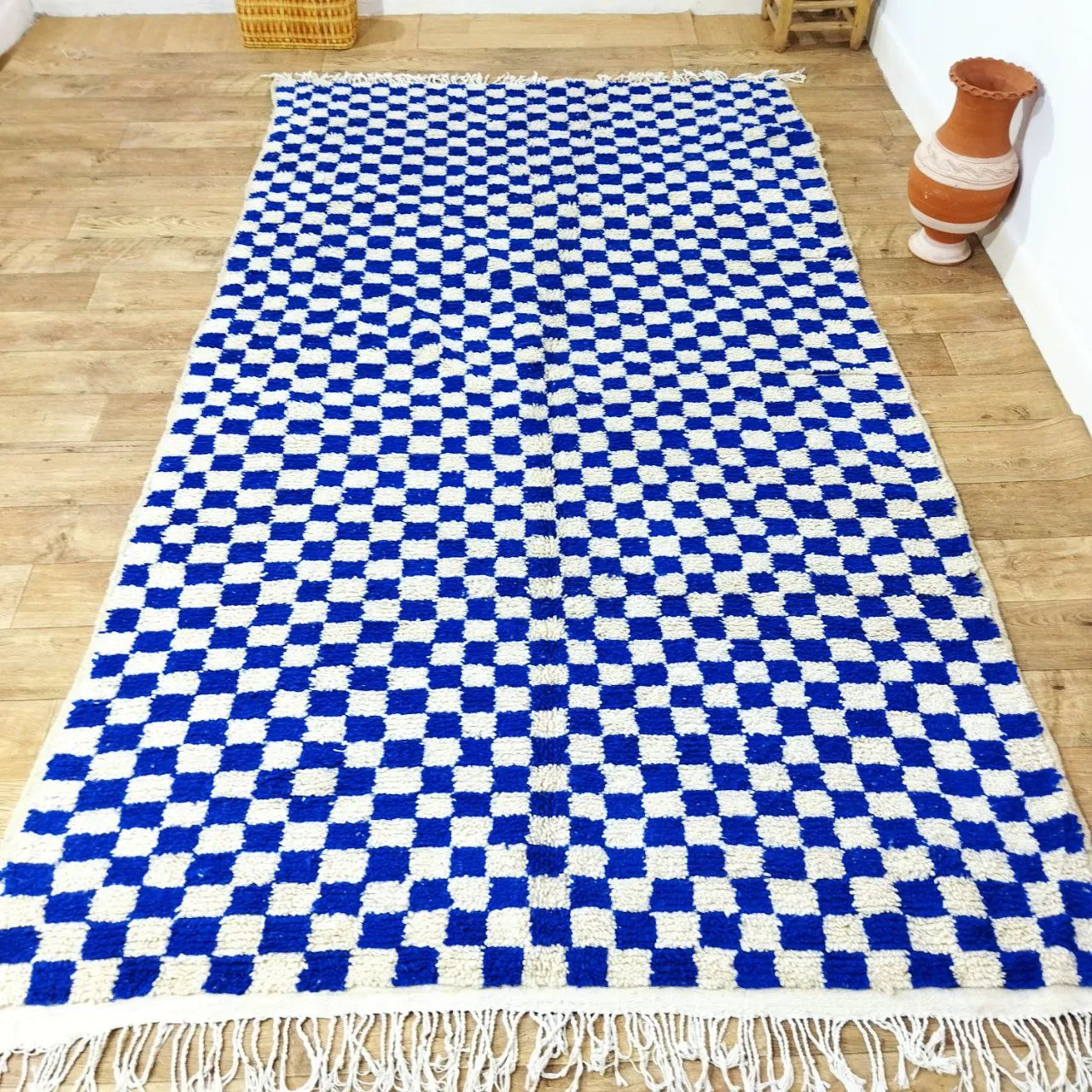 Blue Handmade Rug, Blue Checkered Rug - Berber style wool rug from Morocco - Modern rug