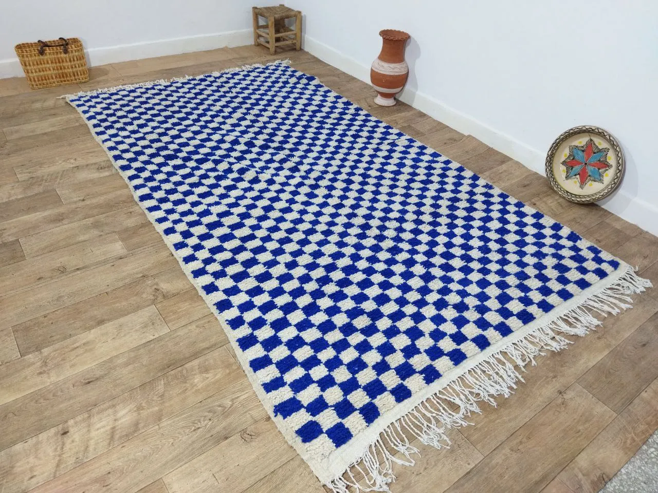 Blue Handmade Rug, Blue Checkered Rug - Berber style wool rug from Morocco - Modern rug