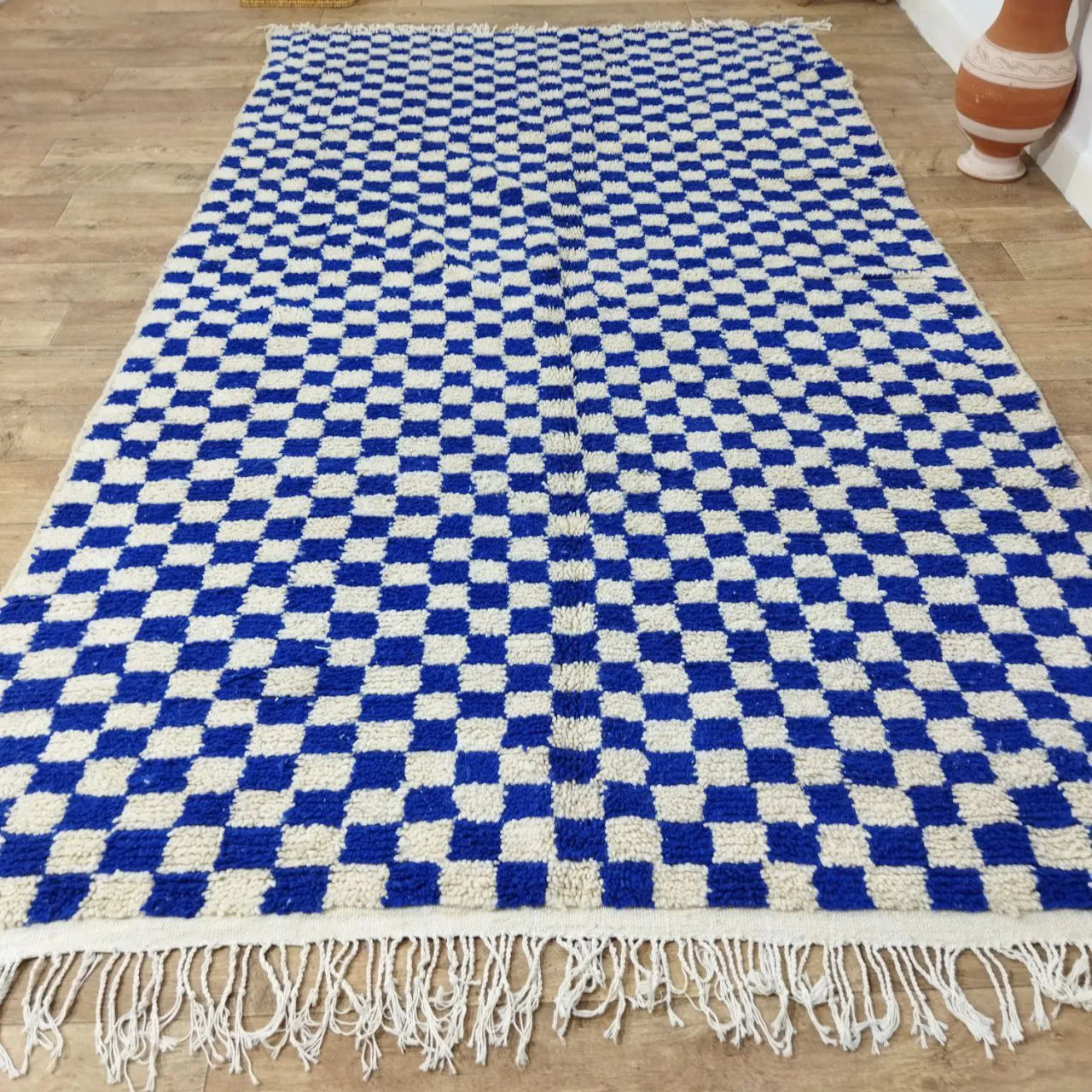 Blue Handmade Rug, Blue Checkered Rug - Berber style wool rug from Morocco - Modern rug