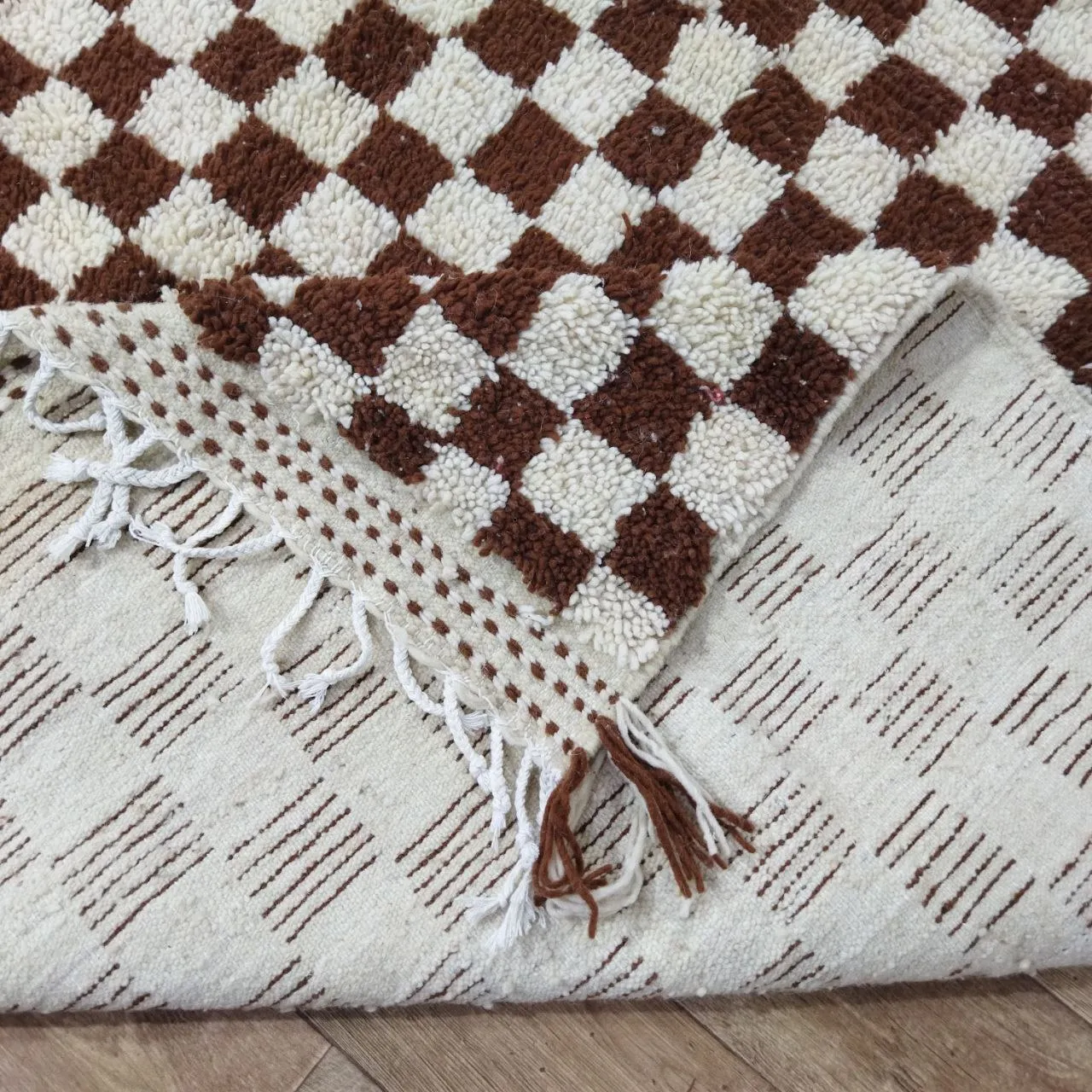 Brown Handmade Rug, White and Brown Checkered Rug - Berber style wool rug from Morocco - Modern rug