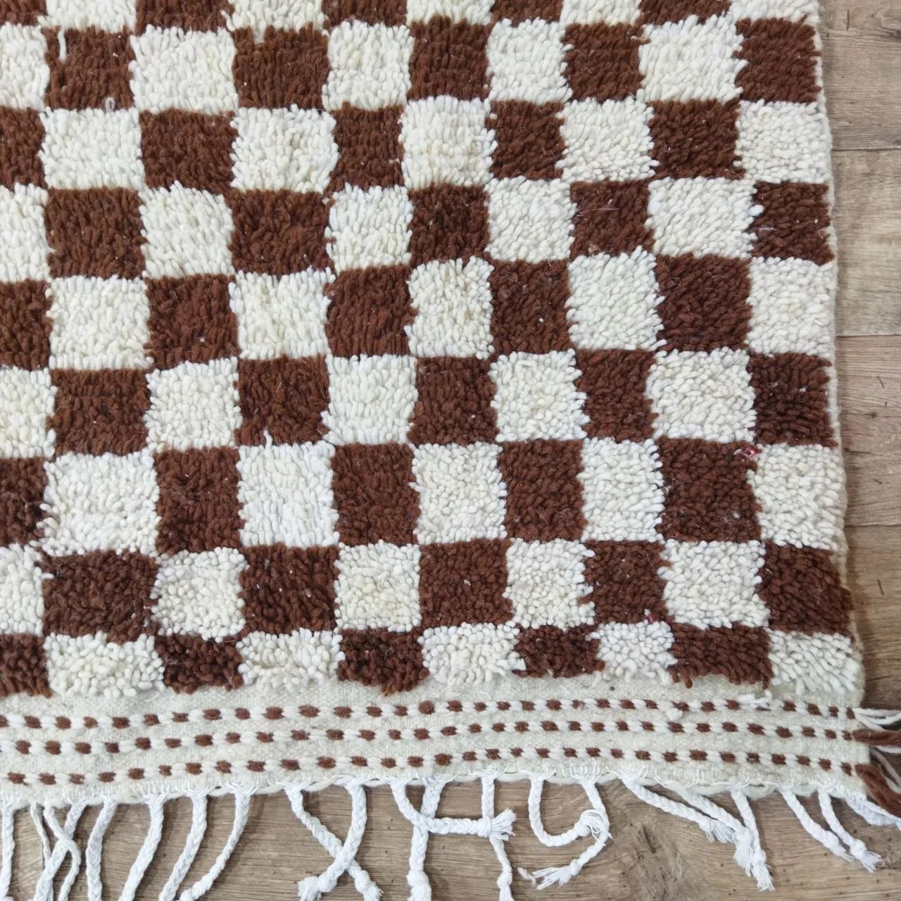 Brown Handmade Rug, White and Brown Checkered Rug - Berber style wool rug from Morocco - Modern rug