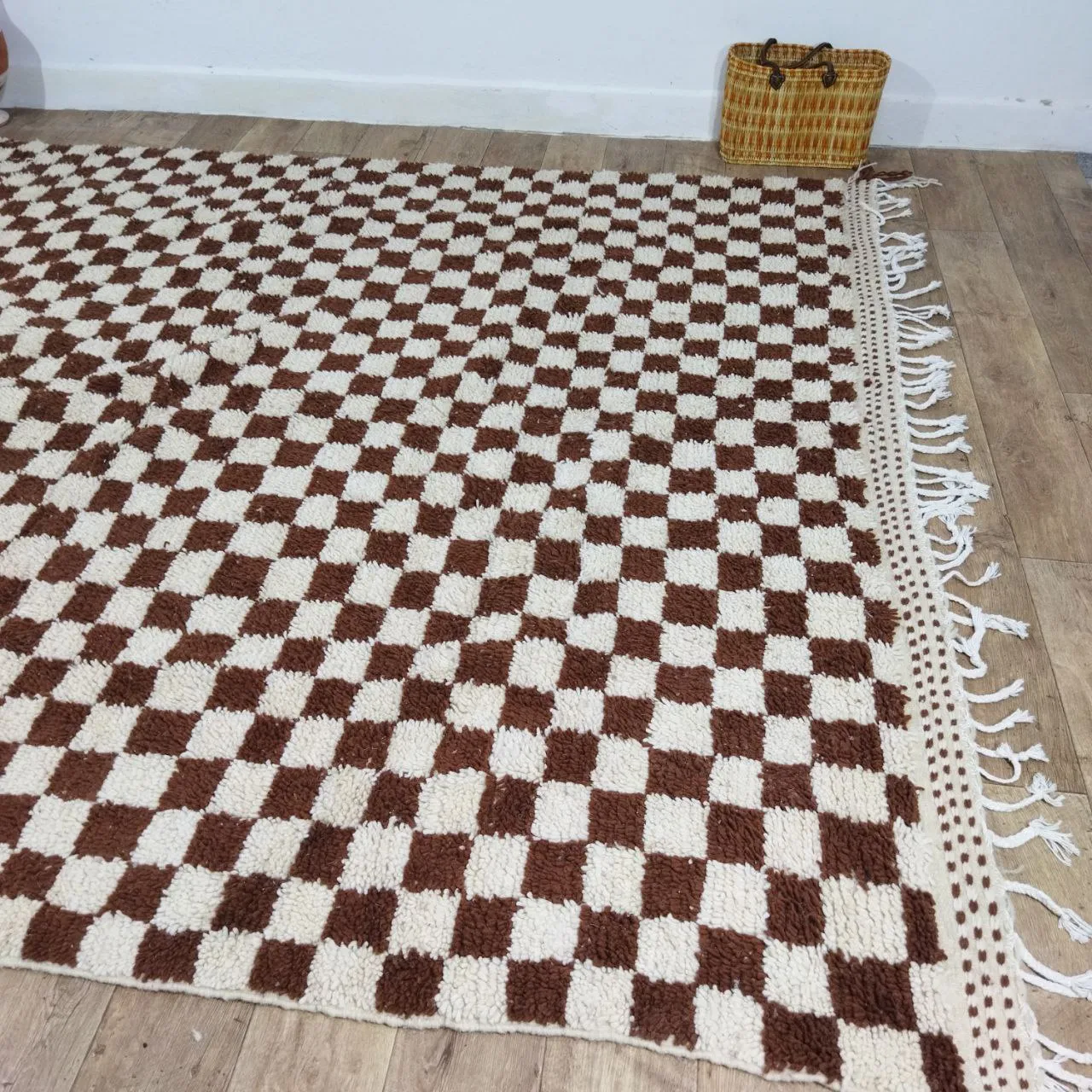 Brown Handmade Rug, White and Brown Checkered Rug - Berber style wool rug from Morocco - Modern rug