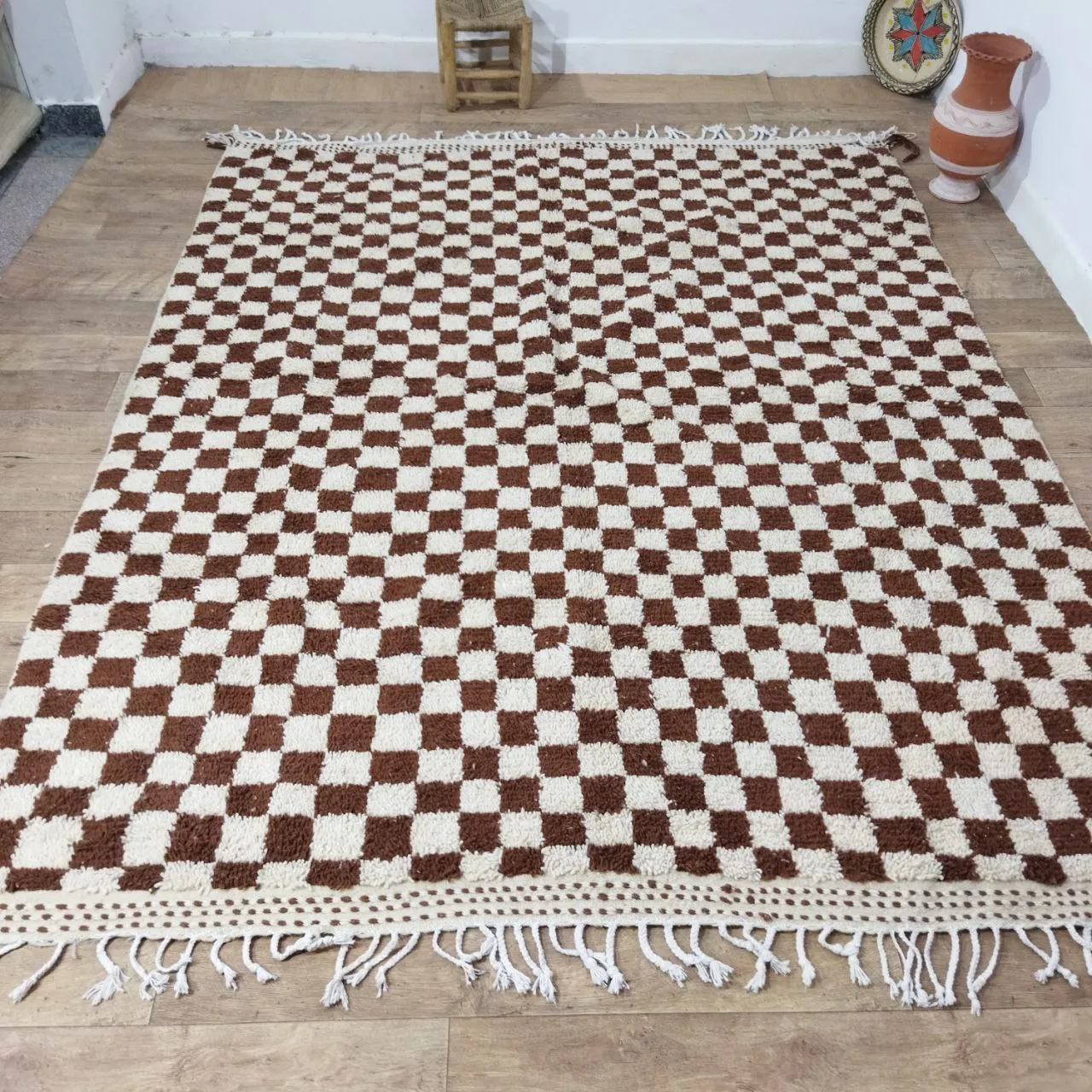 Brown Handmade Rug, White and Brown Checkered Rug - Berber style wool rug from Morocco - Modern rug