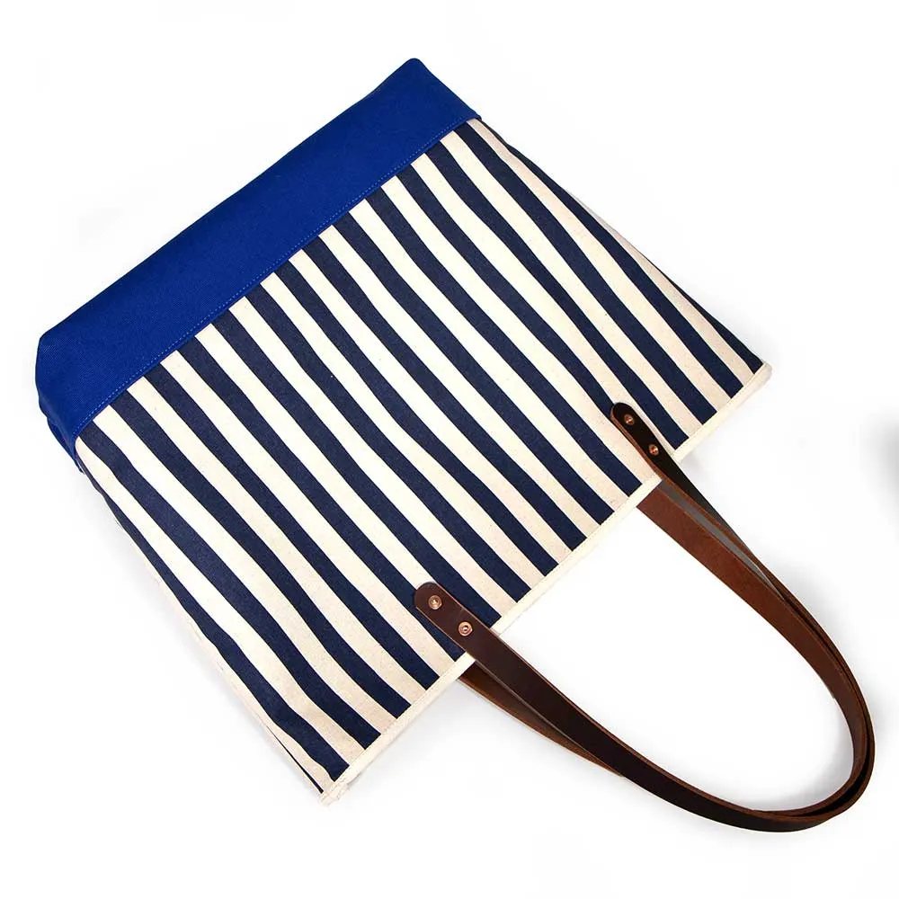 Cabana Stripe All Day Bucket Tote- Navy/Regatta Blue