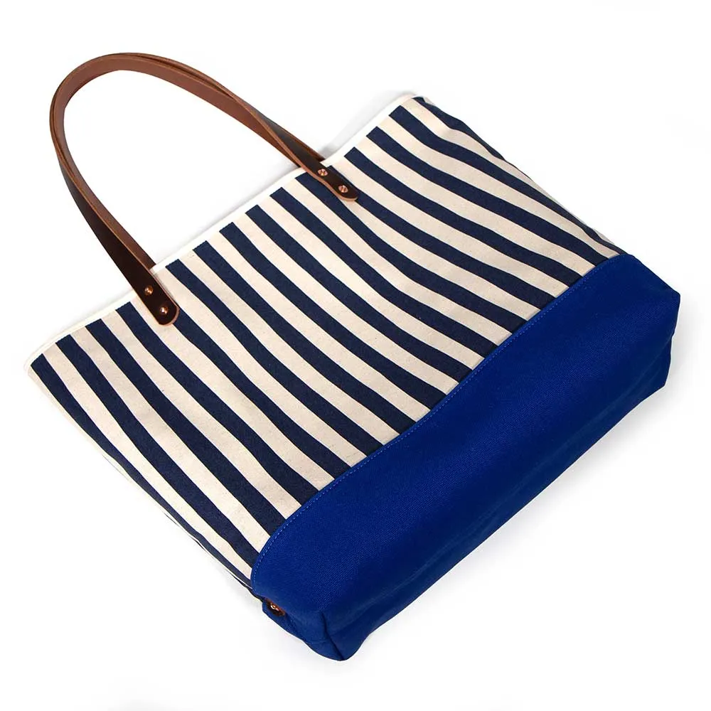 Cabana Stripe All Day Bucket Tote- Navy/Regatta Blue