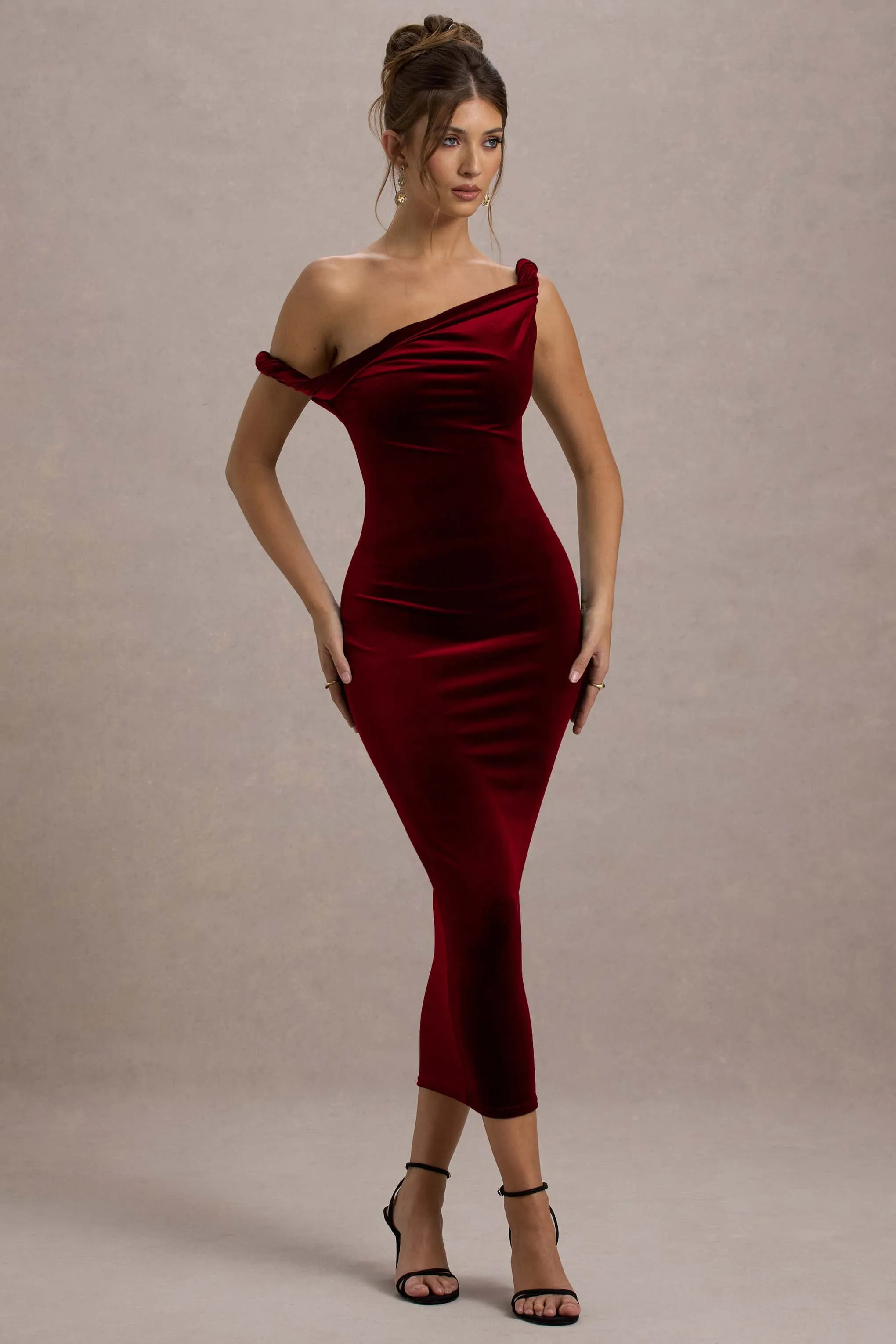 Carella | Berry Velvet Twisted Asymmetric Midi Dress