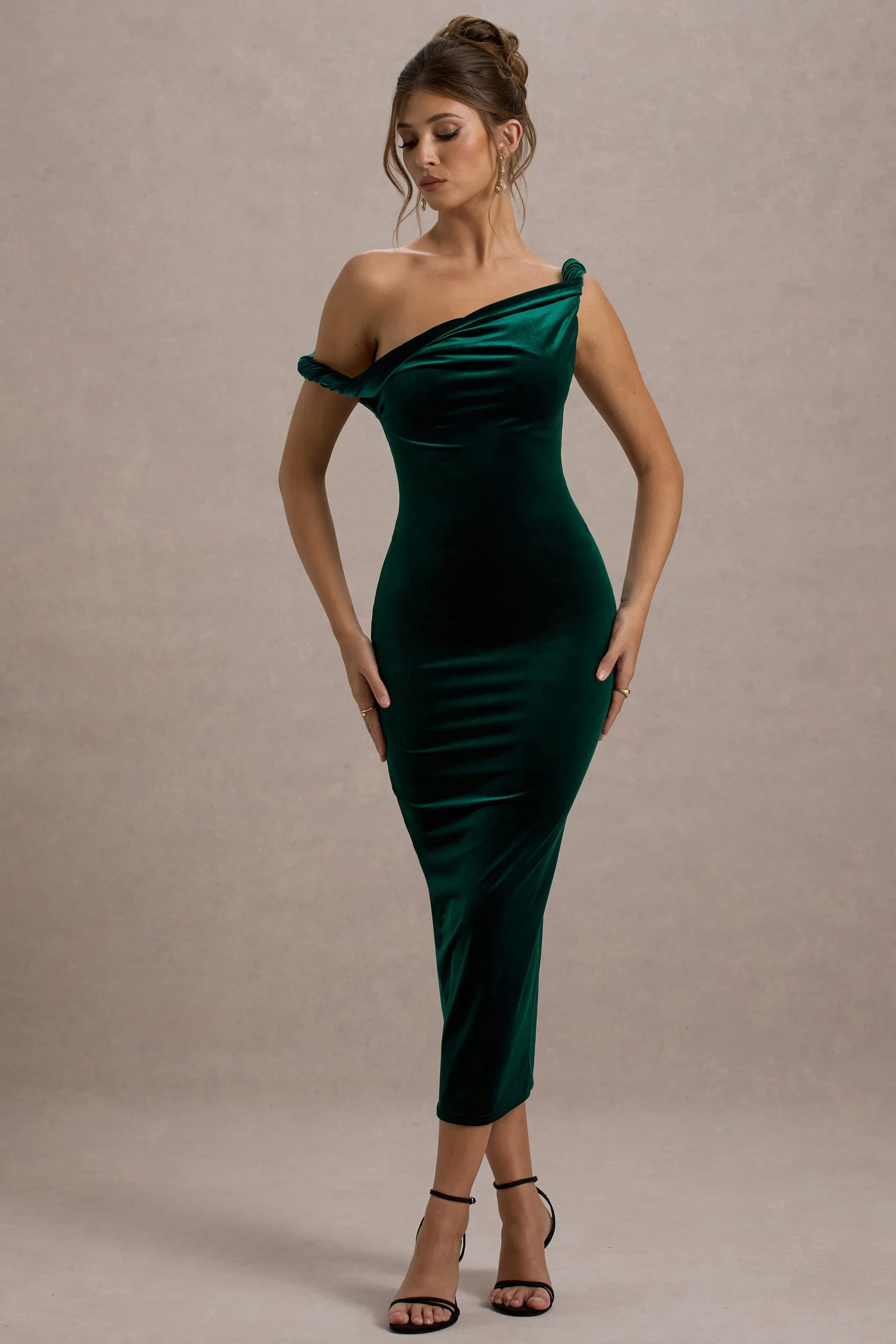 Carella | Bottle Green Velvet Twisted Asymmetric Midi Dress