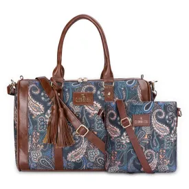 Combo: Lorna Printed Handicraft Fabric & Faux Leather Handbag Sling Bag | Peacock Blue-Floral | Ideal for Daily Use