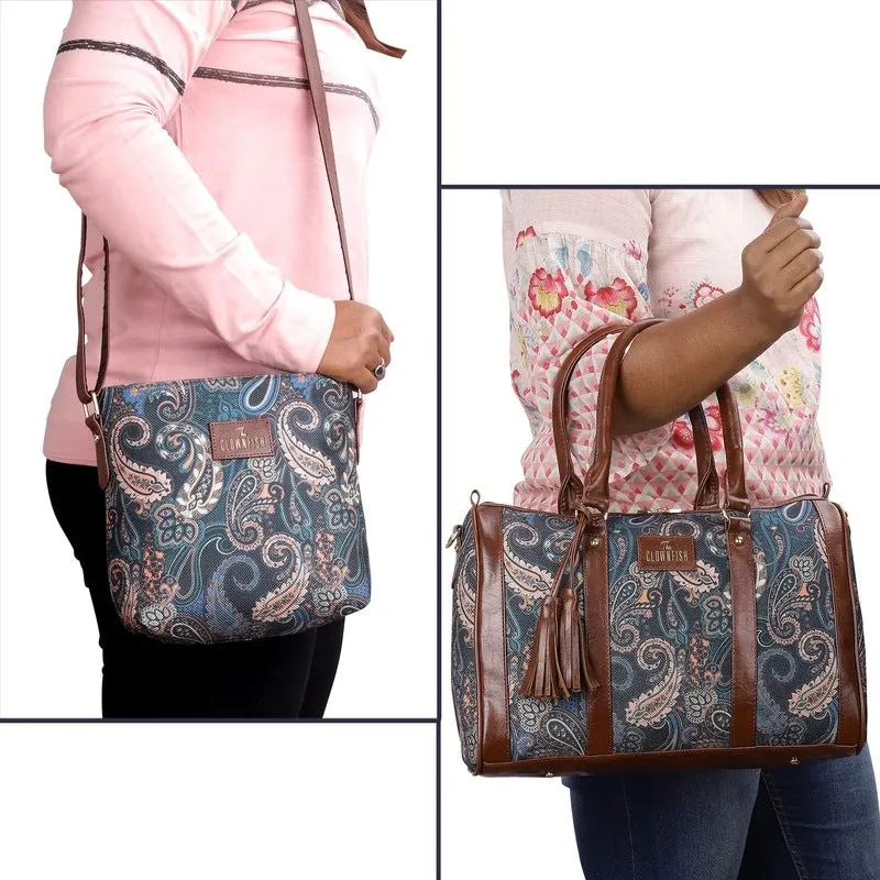 Combo: Lorna Printed Handicraft Fabric & Faux Leather Handbag Sling Bag | Peacock Blue-Floral | Ideal for Daily Use