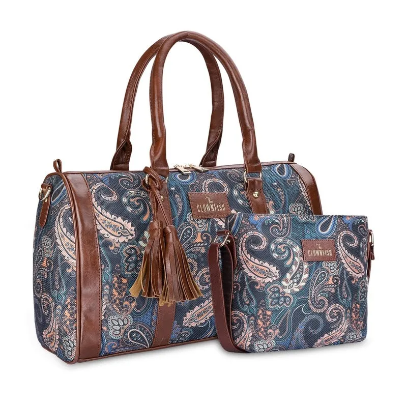 Combo: Lorna Printed Handicraft Fabric & Faux Leather Handbag Sling Bag | Peacock Blue-Floral | Ideal for Daily Use