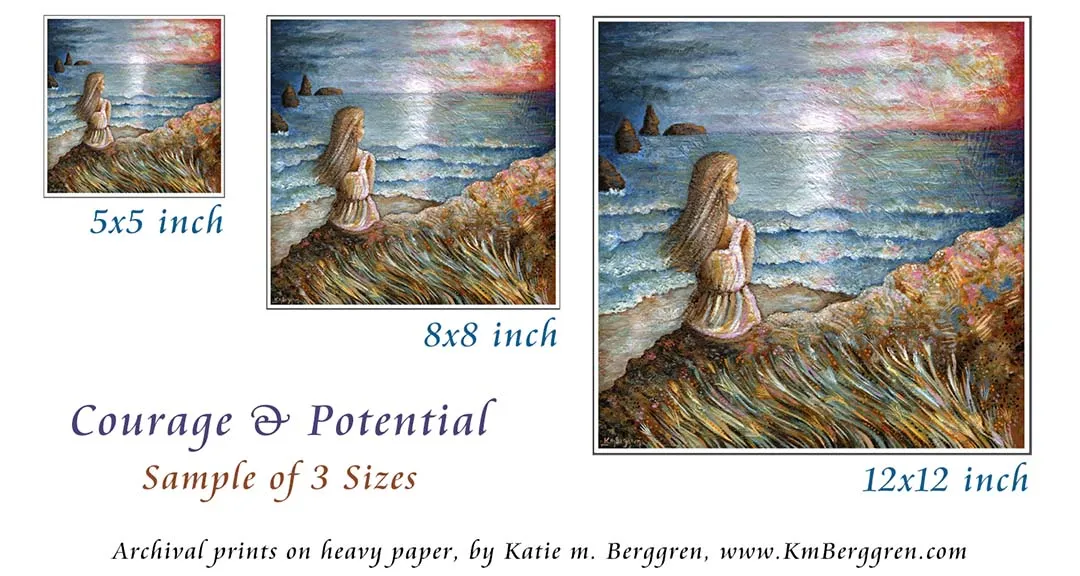 Courage & Potential - Woman Overlooks Sea, Pink Sky Art Print