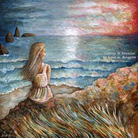 Courage & Potential - Woman Overlooks Sea, Pink Sky Art Print