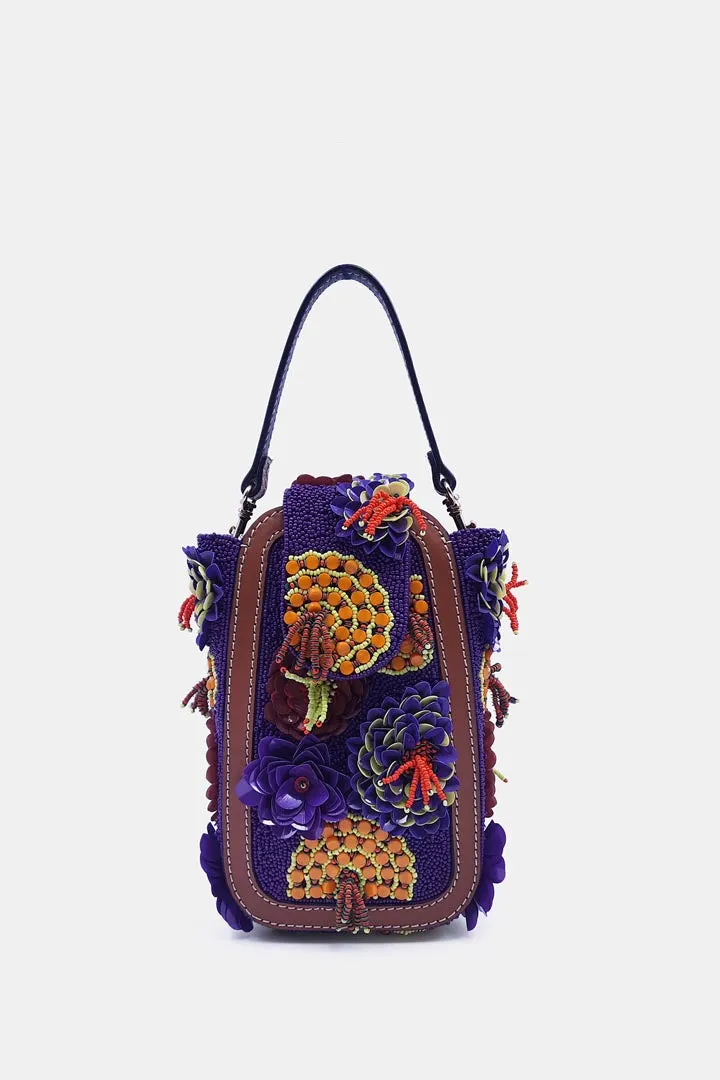 Embellished Beaded Viola Flower  Clutch Bag with Convertible Crossbody Sling