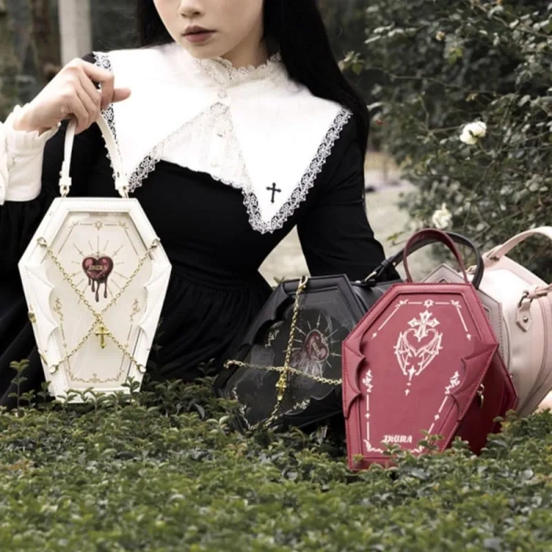 Gothic Style Coffin Bag with Occult Design and Chain Detail