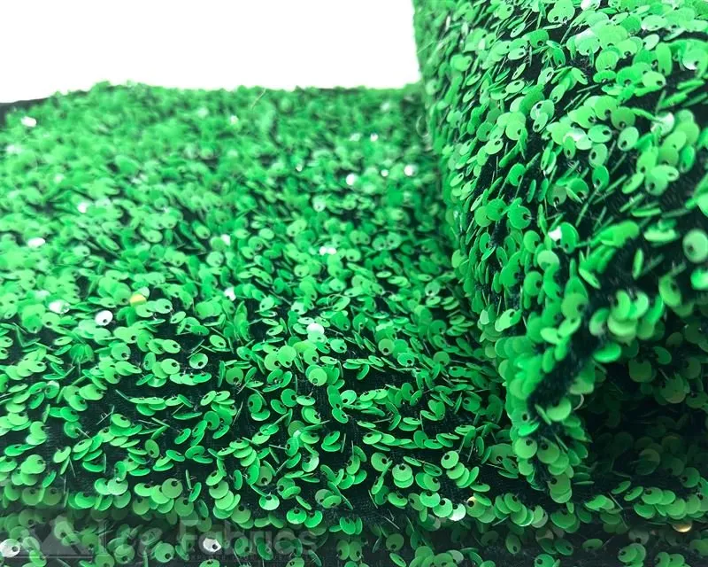 Green on Black Stretch Velvet Sequin Upholstery Fabric All Over Full Sequin