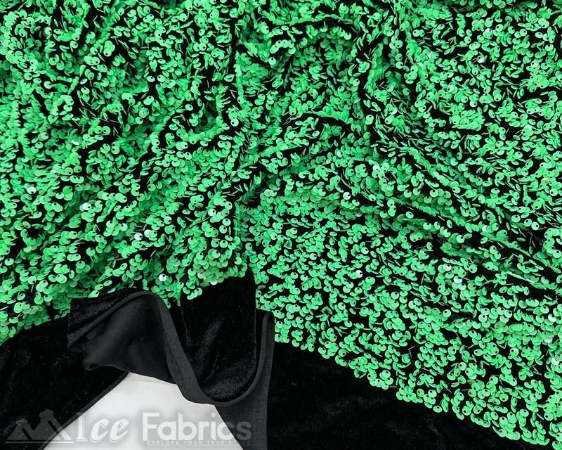 Green on Black Stretch Velvet Sequin Upholstery Fabric All Over Full Sequin