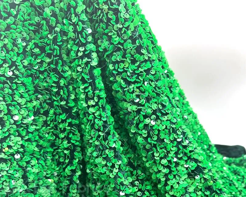 Green on Black Stretch Velvet Sequin Upholstery Fabric All Over Full Sequin