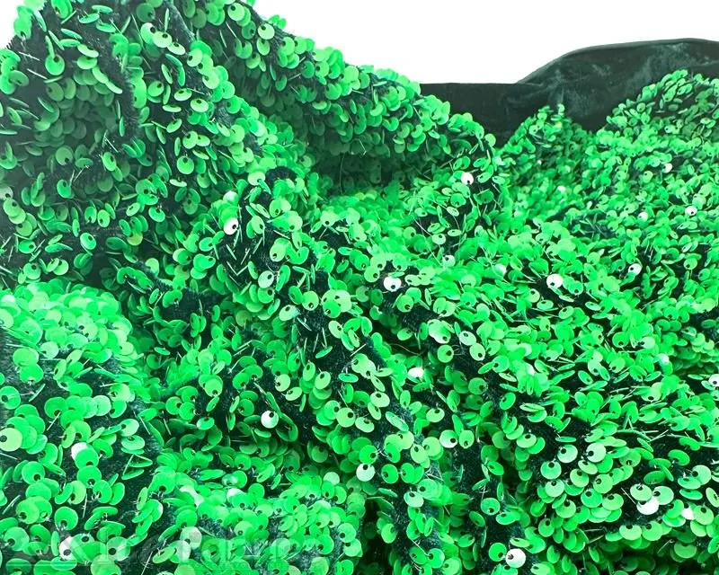 Green on Black Stretch Velvet Sequin Upholstery Fabric All Over Full Sequin