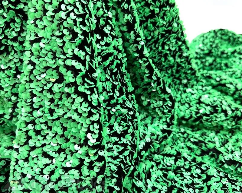 Green on Black Stretch Velvet Sequin Upholstery Fabric All Over Full Sequin