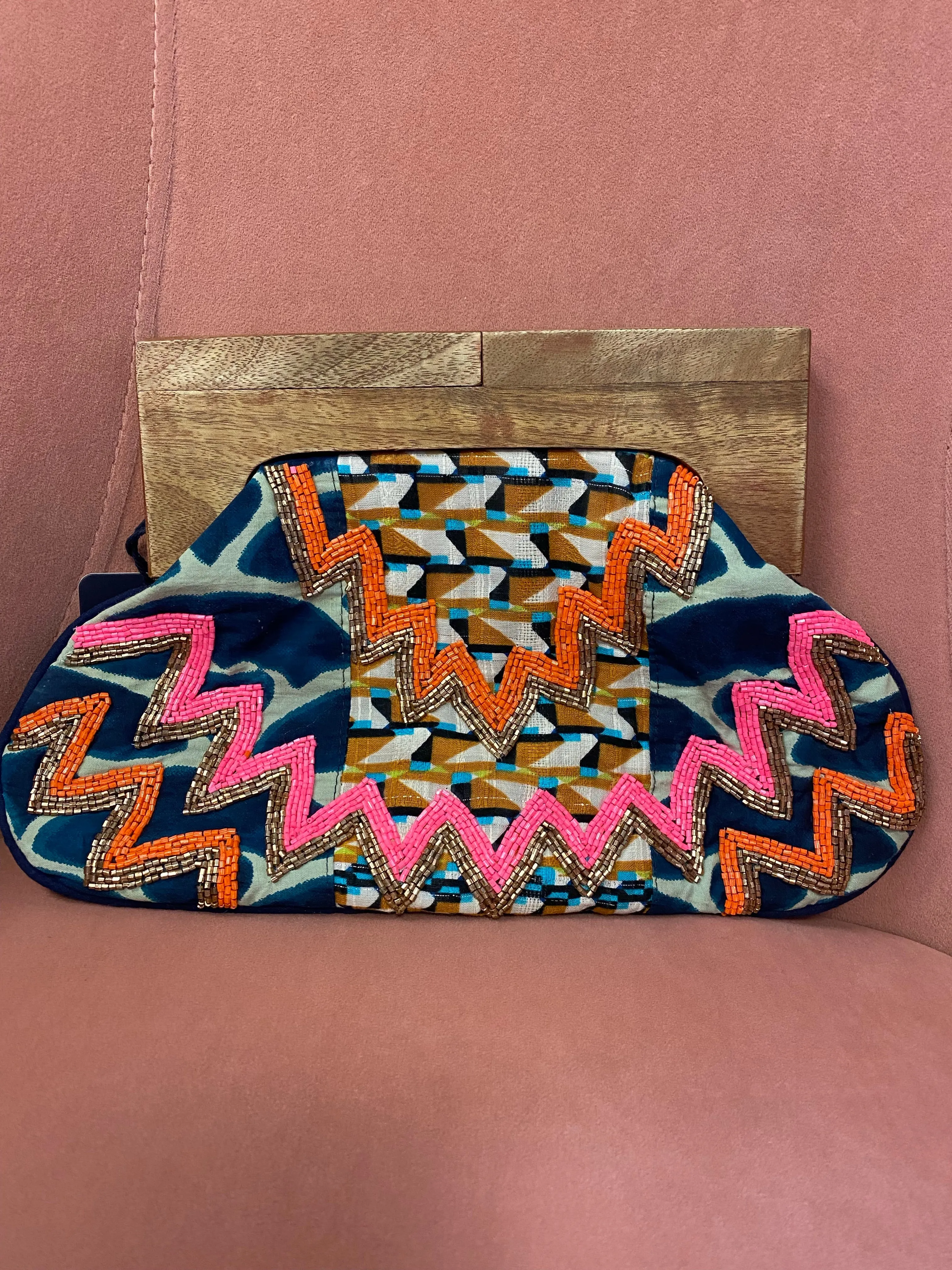 Kassie Beaded Clutch with Wooden Handle