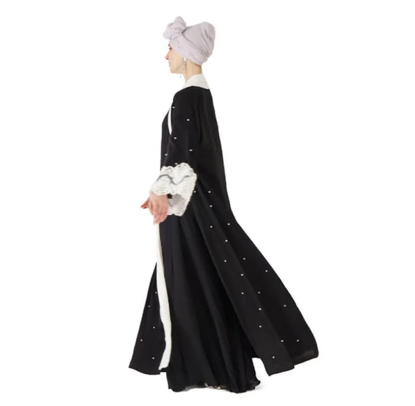 Ladies Black Beaded Muslim Robe with Lace Cuffs and Sparkly Trim