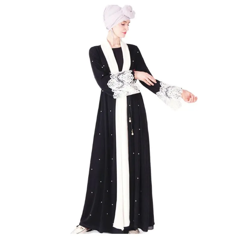 Ladies Black Beaded Muslim Robe with Lace Cuffs and Sparkly Trim