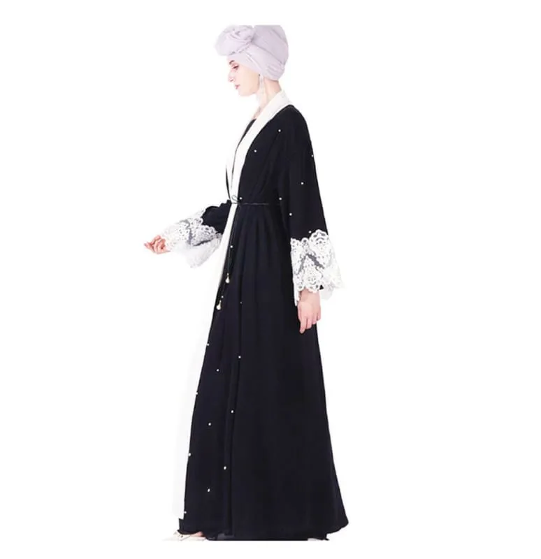 Ladies Black Beaded Muslim Robe with Lace Cuffs and Sparkly Trim