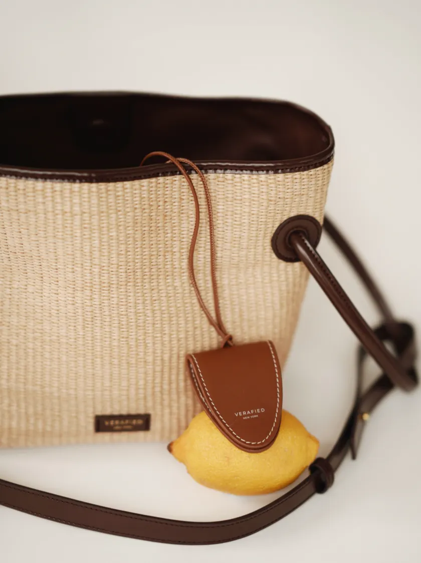 Leather-trimmed Raffia Bucket Bag