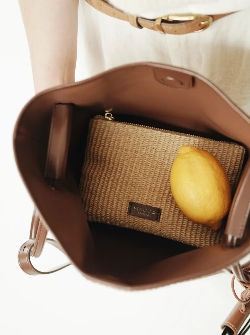 Leather-trimmed Raffia Bucket Bag