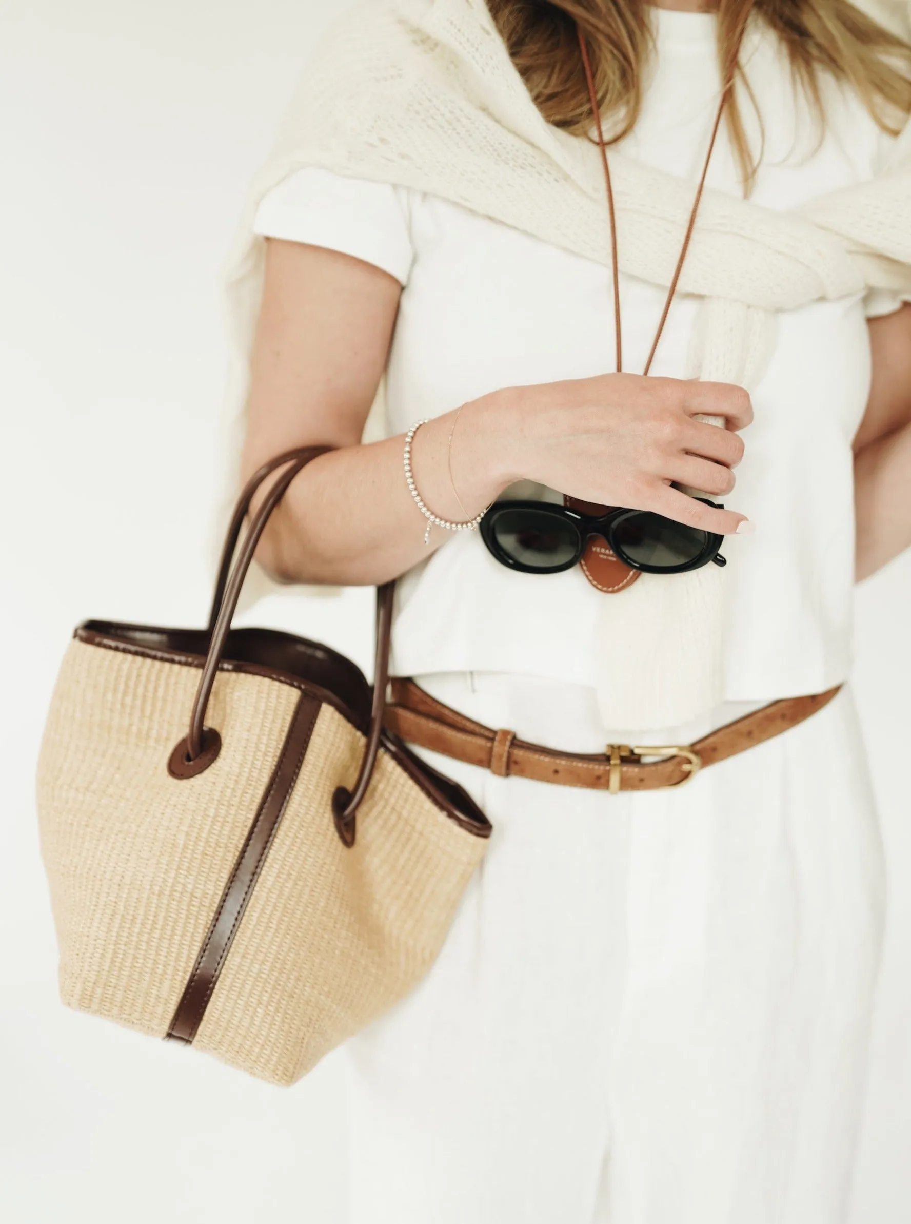 Leather-trimmed Raffia Bucket Bag