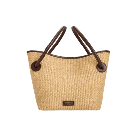 Leather-trimmed Raffia Bucket Bag