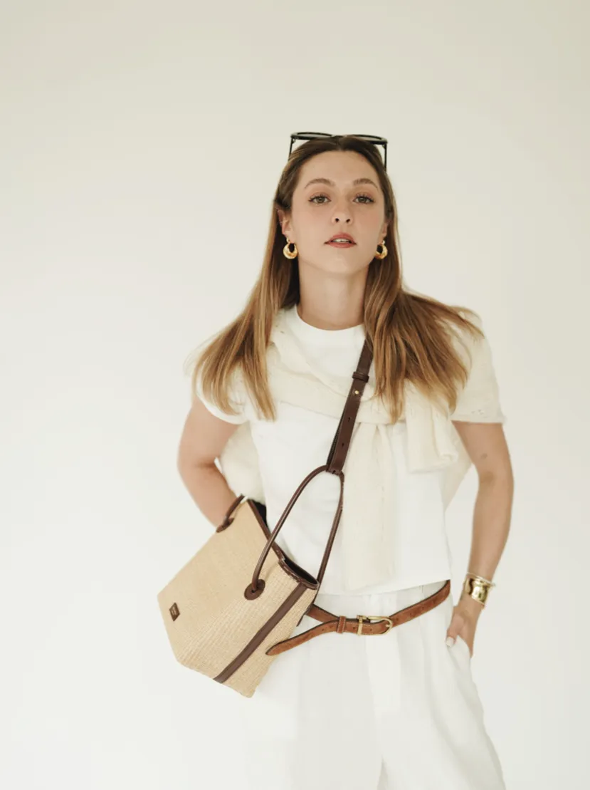 Leather-trimmed Raffia Bucket Bag