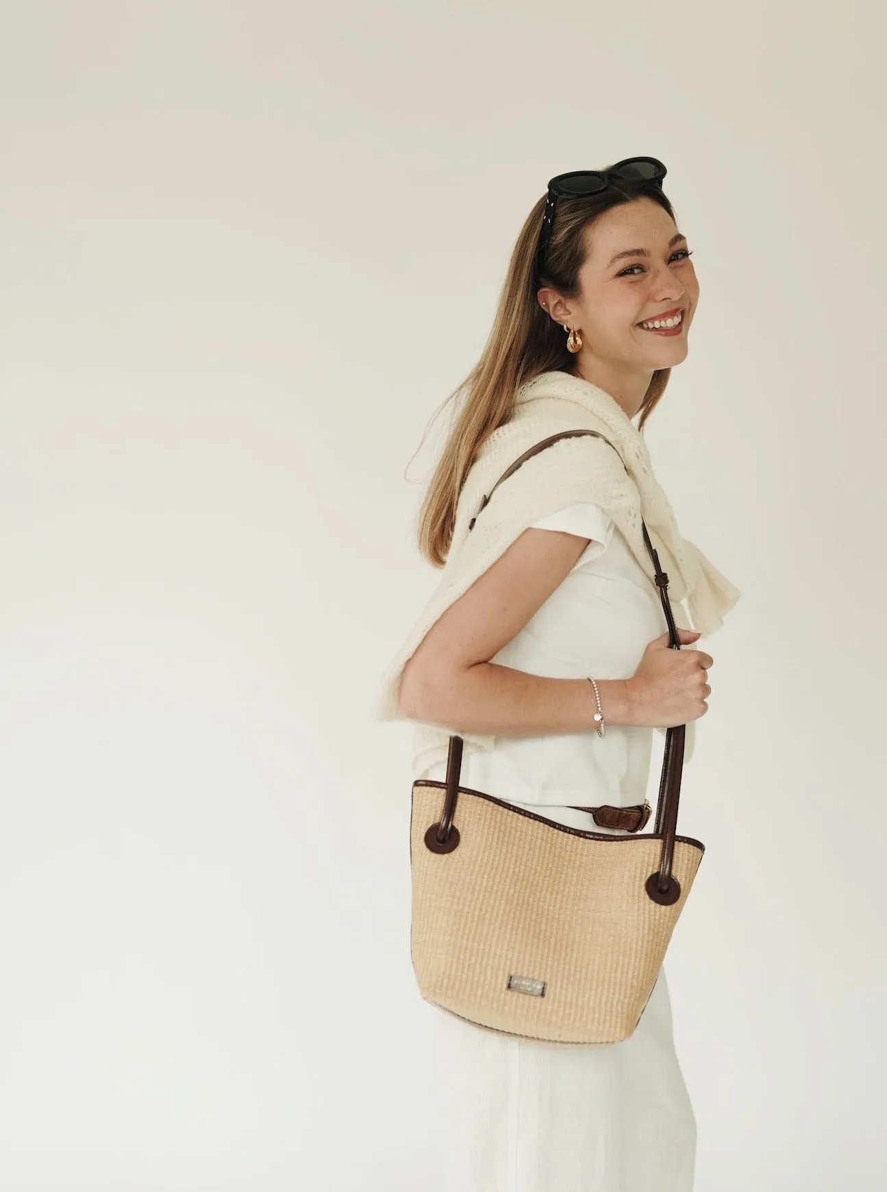 Leather-trimmed Raffia Bucket Bag