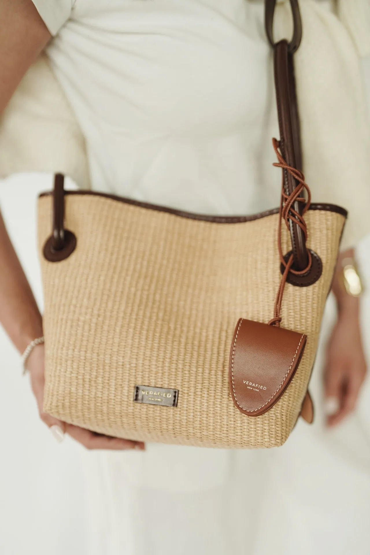 Leather-trimmed Raffia Bucket Bag