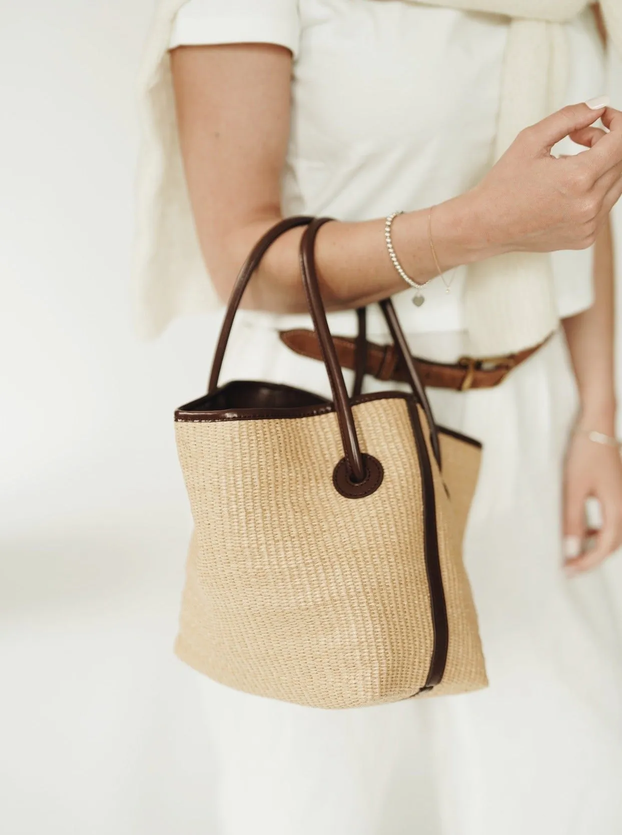 Leather-trimmed Raffia Bucket Bag