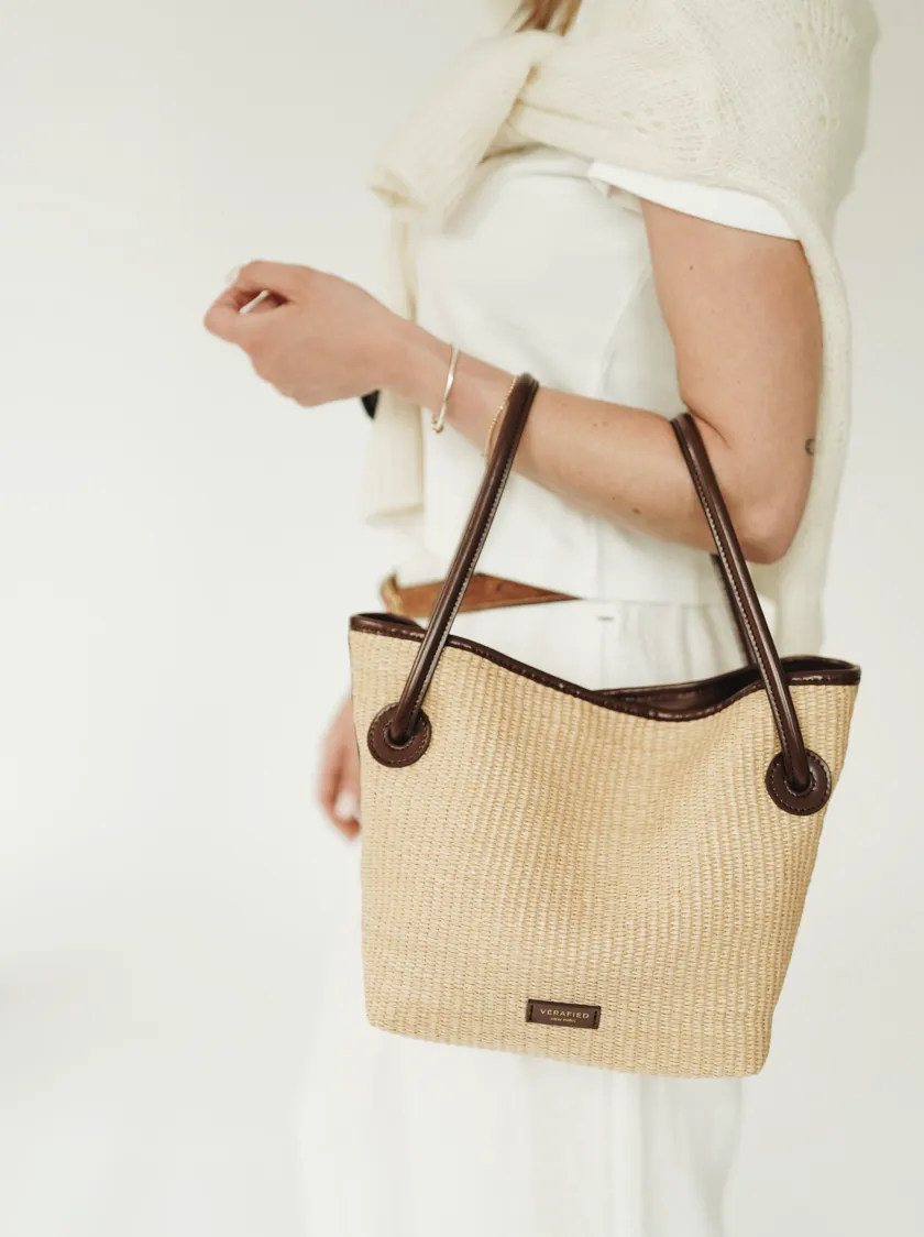 Leather-trimmed Raffia Bucket Bag