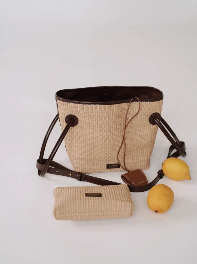 Leather-trimmed Raffia Bucket Bag